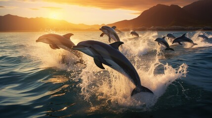 Wall Mural - group of dolphins leaping out of the ocean 