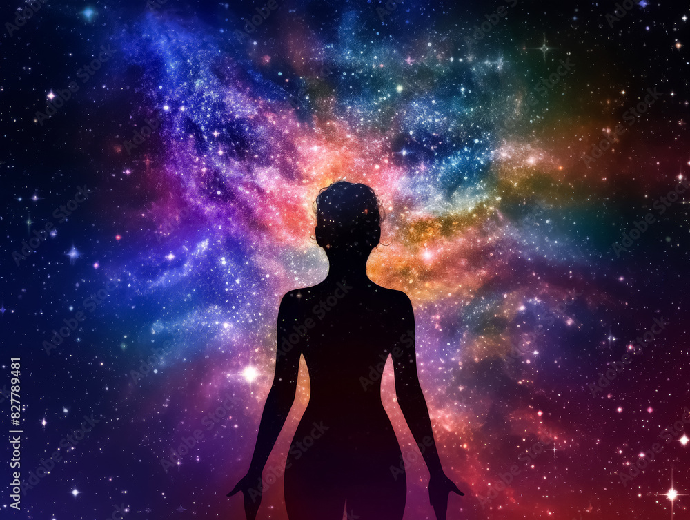 A woman is standing in a colorful galaxy. The galaxy is full of stars and has a vibrant, otherworldly feel to it. The woman is looking up at the stars