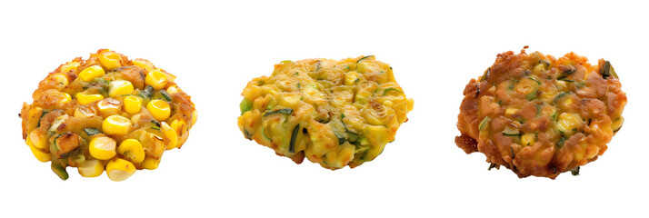 Wall Mural - set of fritters, including corn and zucchini, isolated on transparent background