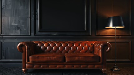 Luxurious interior with Brown leather sofa in a dark room with neon light and black white frame mockup