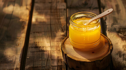 ghee oil. Ghee or clarified butter in jar on a wooden background. banner, menu, recipe place for text