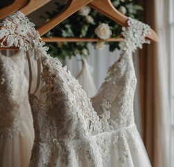 Wall Mural -  white Close-up of bridal gowns at a bridal store displayed on a hanger