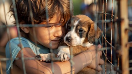 A young boy tenderly holding a puppy in a cage at an animal shelter, showing care and compassion towards the homeless animal.