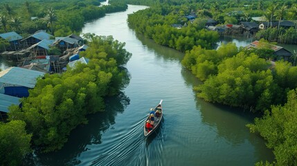 Wall Mural - An Asian family enjoying a tranquil boat ride along a winding river, passing through lush mangrove forests and quaint fishing villages, while elders share stories of old traditions 