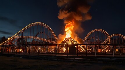 Wall Mural - roller coaster is on fire, with flames coming out of the top of a large hill