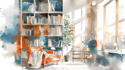 Wall Mural - Cozy reading nook with sunlight casting warmth over watercolor decor.