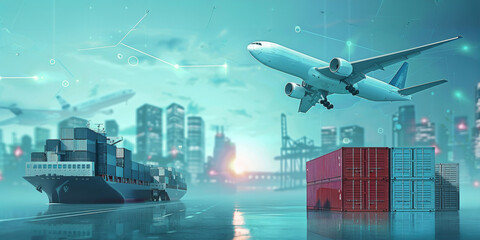 Illustrated cargo ship and airplane in a futuristic trade route concept.