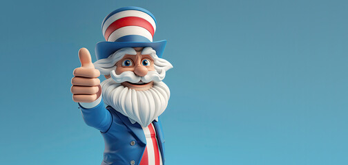 Cute Cartoon 4th of July Uncle Sam on a Blue Background with Thumbs Up Sign with Space for Copy. America. Holiday, Independence Day. USA