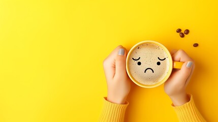 Female hands holding a cup of coffee with a sad face emoji on it