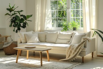 Wall Mural - Living Room with White Coffee Table and Plant White coffee table, minimal decor, and a touch of green from a plant. Bright, open space.