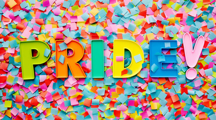Colorful confetti background with the word PRIDE in vibrant rainbow letters.