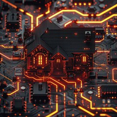 Poster - A digital representation of a house and power grid on a glowing circuit board, top-down shot with intricate details, blending technology with architecture in a unique way.