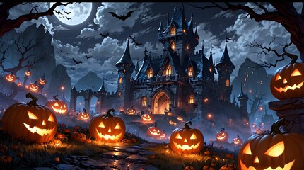 Wall Mural - A spooky backdrop with a castle ornament with pumpkins creates the perfect Halloween scene. Generative AI