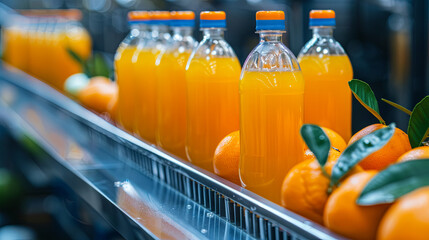 Wall Mural - Production of orange juice, bottles of juice on a conveyor belt