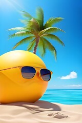 Wall Mural - 3d tropical background with big sunglasses on the sand yellow sun palm tree and blue sky