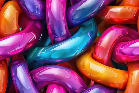 Abstract background of colorful, glossy, interconnected chain links.