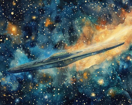 Futuristic spaceship flying through a colorful, star-studded cosmic galaxy, representing science fiction and space exploration.