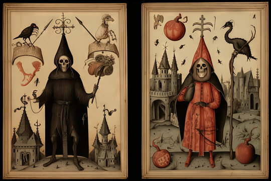 Medieval styled occult art card with skeleton monster. Ancient middle age old book illustration with mystic religious scene.