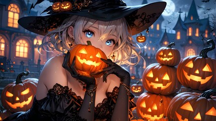 Sticker - Halloween anime girl with pumpkins and castle. Generative AI