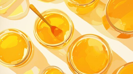 Wall Mural - Illustration of glass jars filled with organic peach and orange baby food puree showcasing their vibrant packaging design