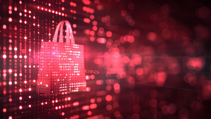 Digital data background with a glowing shopping bag icon and code, symbolizing cyber security in online retail and the importance of secure transactions and data protection in e-commerce.