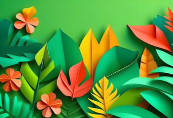 Wall Mural - A 3D paper art of a tropical leaf with a background of paper letters and envelopes