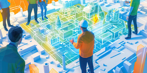 Wall Mural - A group of engineers work together on a holographic schematic of a futuristic city