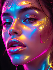 A woman with neon makeup and a bright face, standing out with vibrant colors