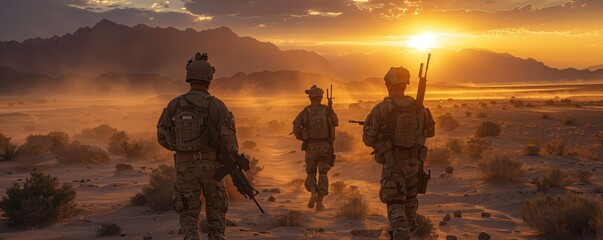 Wall Mural - Soldiers in full gear walking through desert terrain