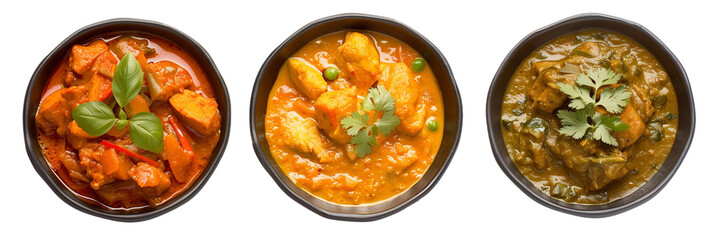set of curry, including chicken and vegetable, isolated on transparent background