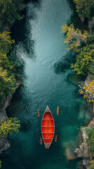 Wall Mural - red boa,t in the river, forest, view from the top
