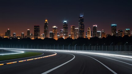 Wall Mural - night view of a city skyline from a Formula One race track