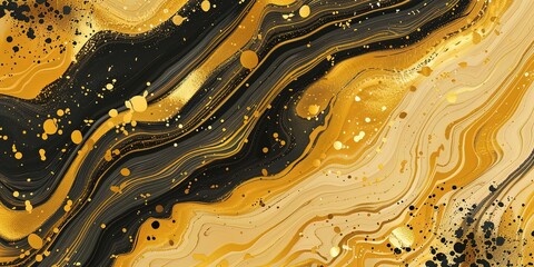 an abstract painting with gold and black colors