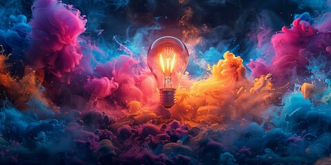 Glowing Lightbulb in Colorful Abstract Smoke