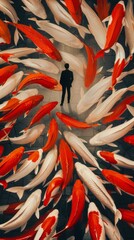 Wall Mural - A man among the red and white fish walks on the water