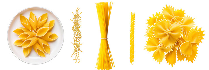 set of pasta, including spaghetti and penne, isolated on transparent background
