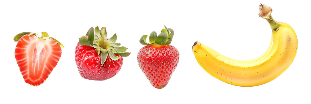 set of fresh fruits, including strawberries and bananas, isolated on transparent background