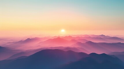 Wall Mural - Sunlight pierces the morning mist over mountains.