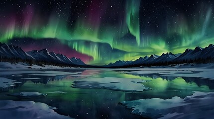 Wall Mural - hows the aurora borealis, or northern lights, over a frozen lake.