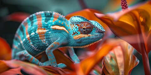 nature photography. beautiful chameleon in turquoise and orange colors on orange flowers, perfect fo
