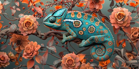 Wall Mural - ature photography. chameleon with turquoise and orange patterns perched on a floral branch, ideal fo