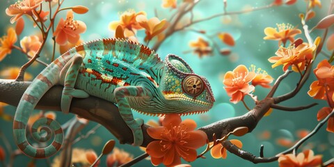 Wall Mural - nature photography. beautiful chameleon in turquoise and orange colors on orange flowers, perfect fo