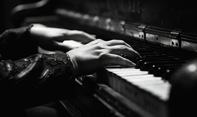 Emotional Grayscale Close-Up of Hands Playing Piano at Night Symbolizing Creativity and Passion in Music