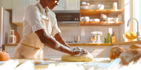The air is filled with the scent of freshly baked bread, a woman kneading dough in her immaculate kitchen