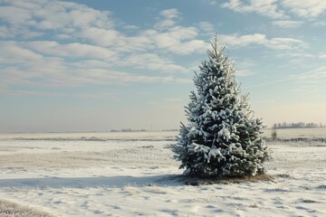 Canvas Print - Frosty Winter Morning: Resplendent Christmas Tree in a Secluded Snowy Field