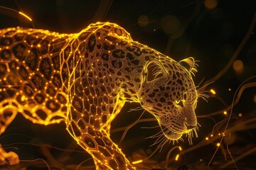 Wall Mural - Luminous Feline Fractal Spark Visualizes Digital Energy,Network,and Interconnected Technology This dynamic digital showcases a glowing,abstract leopard-like figure comprised of intricate 
