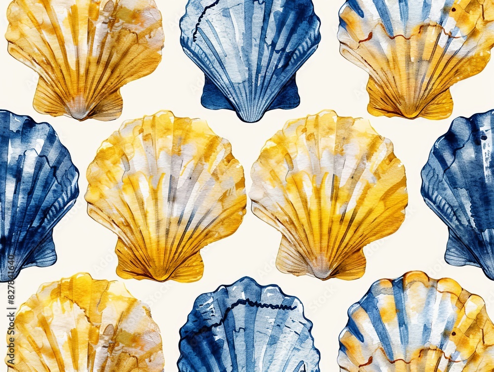 Watercolor Seashell Pattern in Blue and Yellow