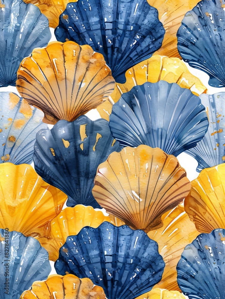 Group of Blue and Yellow Seashells on White Background