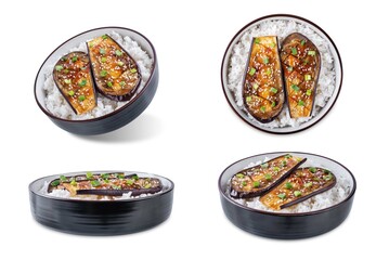Wall Mural - Teriyaki sauce eggplant slices with rice on a white isolated background
