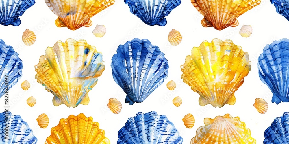 Group of Blue and Yellow Seashells on White Background